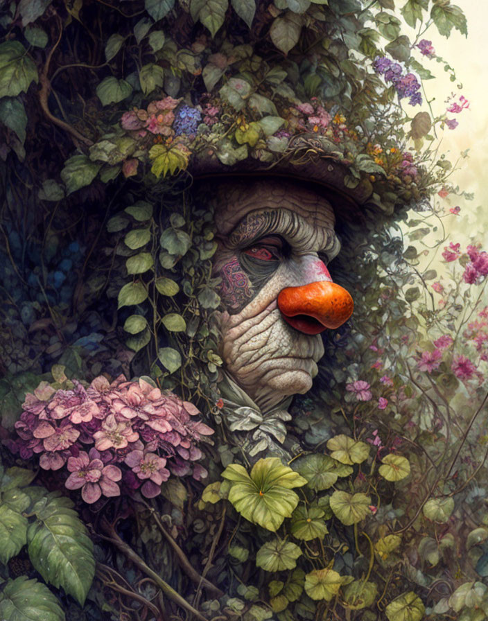 Artwork: Face with Foliage, Flowers, and Orange Nose Camouflaged with Natural Elements