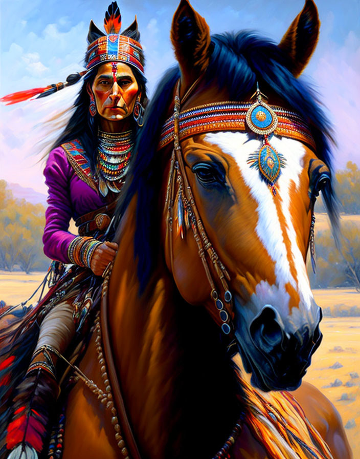 Native American in traditional attire riding beaded horse in natural setting