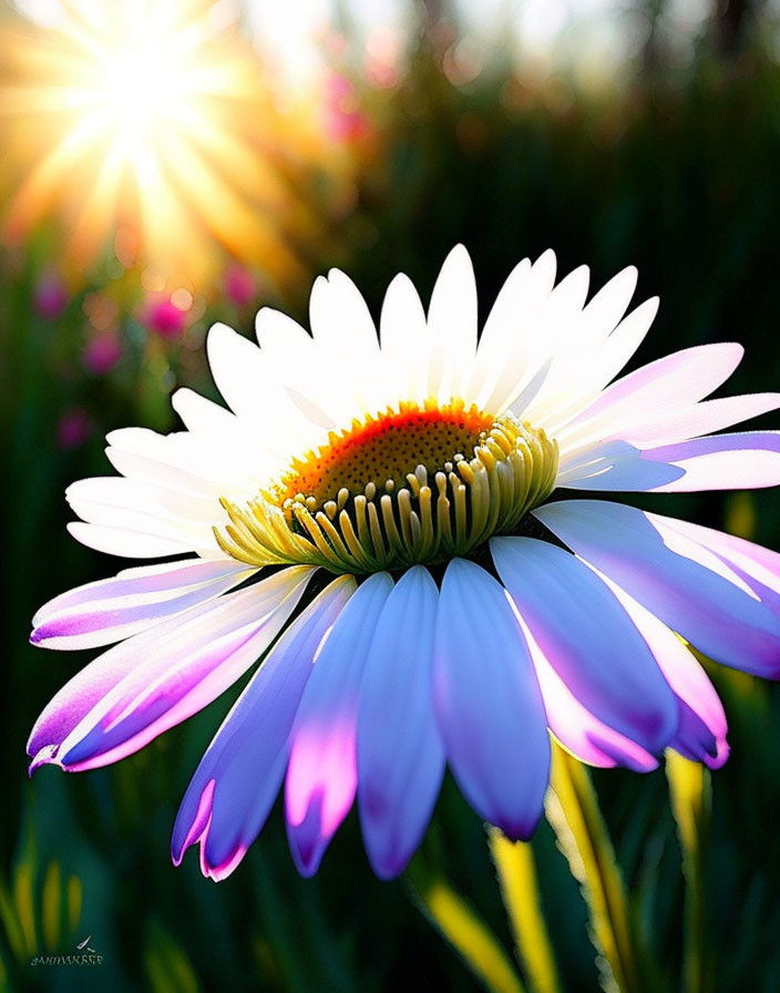 Close-up of vibrant daisy with white and purple petals and yellow center against sunlit greenery.