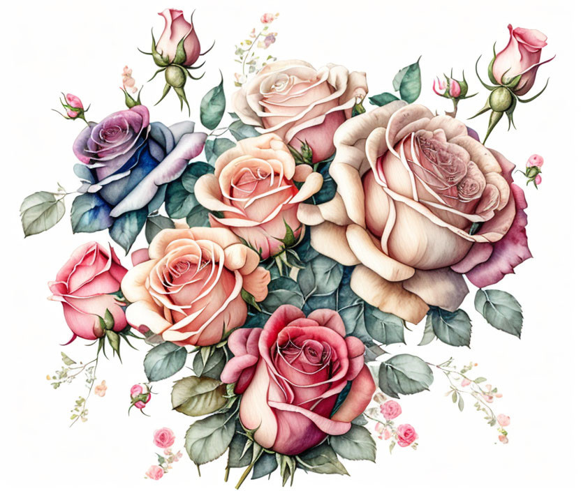 Colorful bouquet of roses in pink, peach, and purple on white background