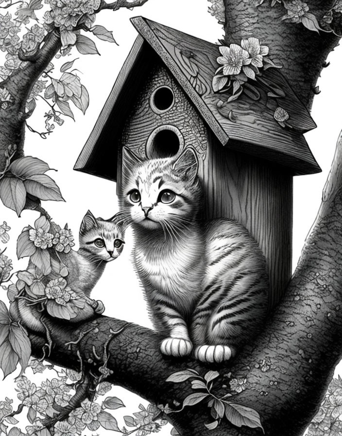 Two kittens on tree branch near birdhouse in lush foliage.