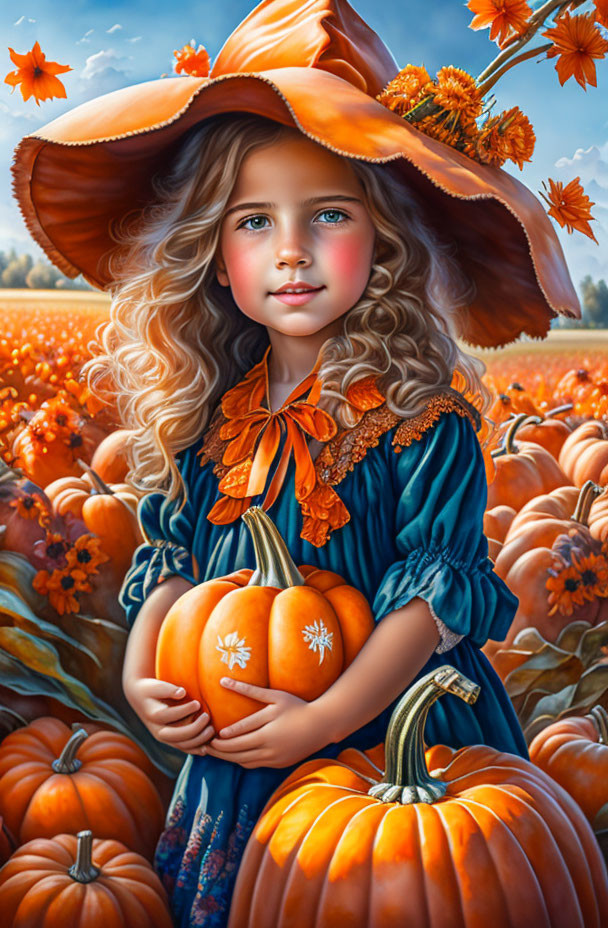 Young girl in blue dress with pumpkin hat in pumpkin field under blue sky