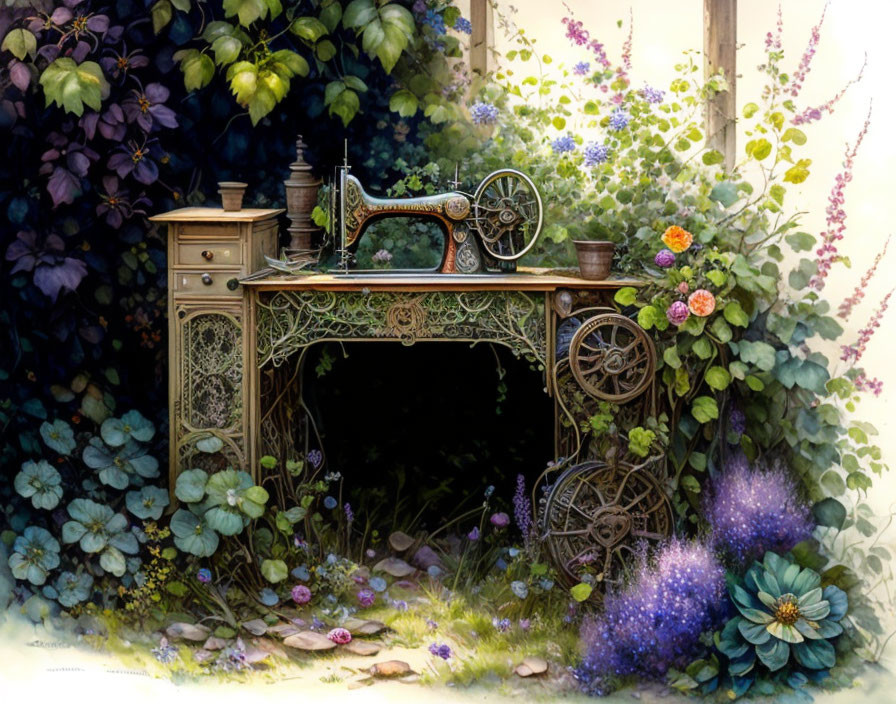 Antique Sewing Machine Covered in Plants and Flowers in Garden Setting