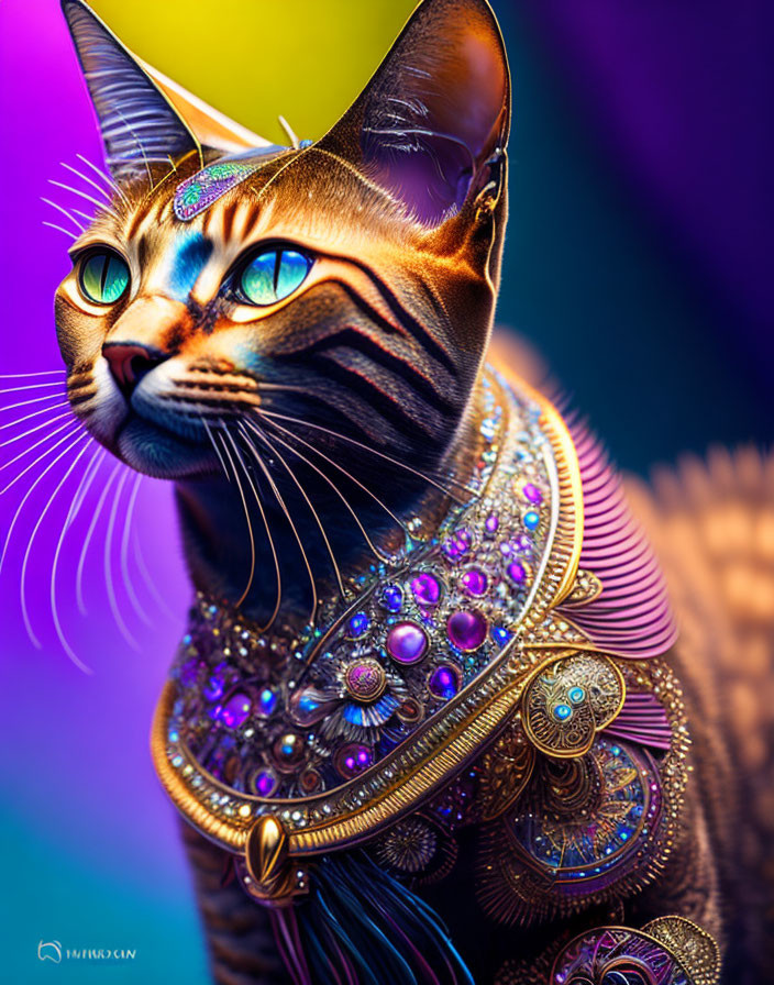 Regal cat with golden jewelry and vibrant gems on colorful gradient background