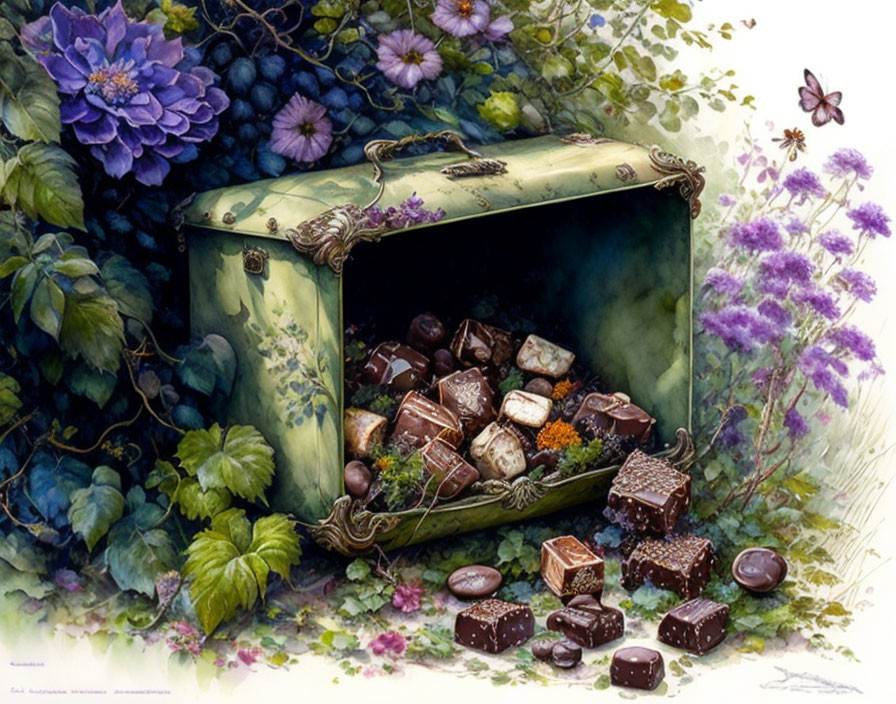 Assorted Chocolates Overflowing from Green Box in Garden Setting