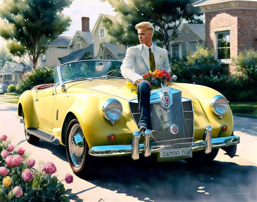 Stylish Man on Classic Yellow Convertible in Sunny Suburban Driveway