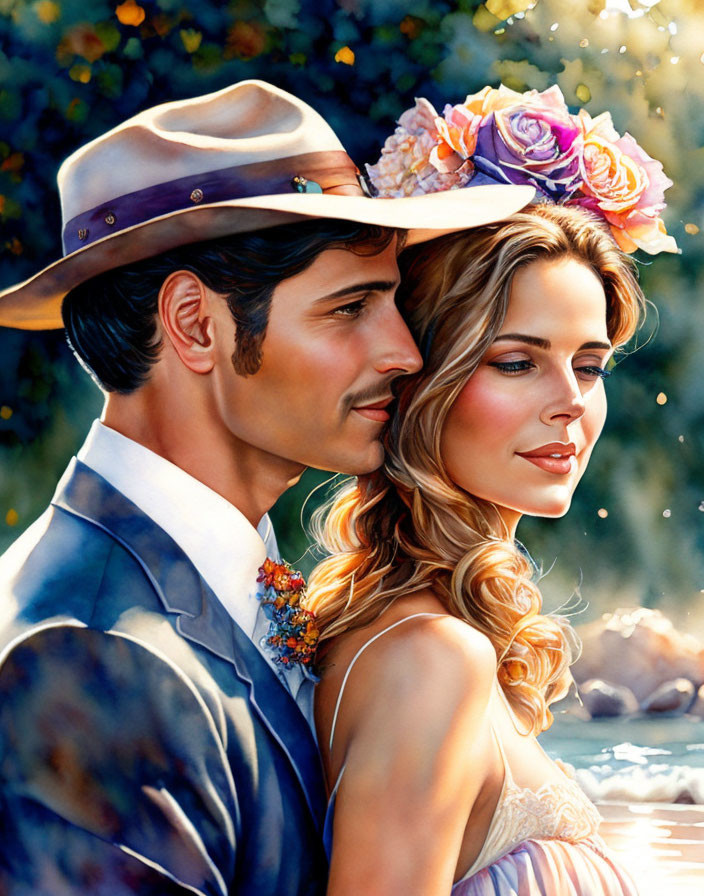 Couple in wedding attire outdoors: man in hat, woman with flowers