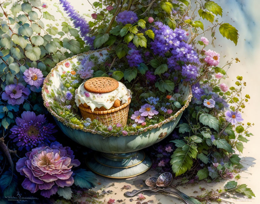 Floral-patterned bowl with purple flowers and green leaves holding ice cream cone on pastel background