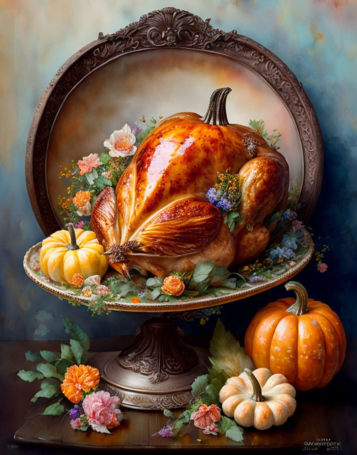 Autumn-themed still-life painting with roasted turkey, pumpkins, leaves, and flowers