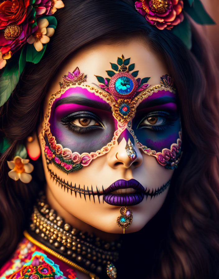 Elaborate Dia de los Muertos sugar skull face paint on woman