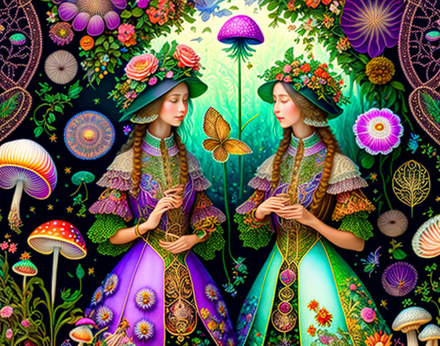 Two women in colorful dresses and hats in fantastical garden with mushrooms and butterflies