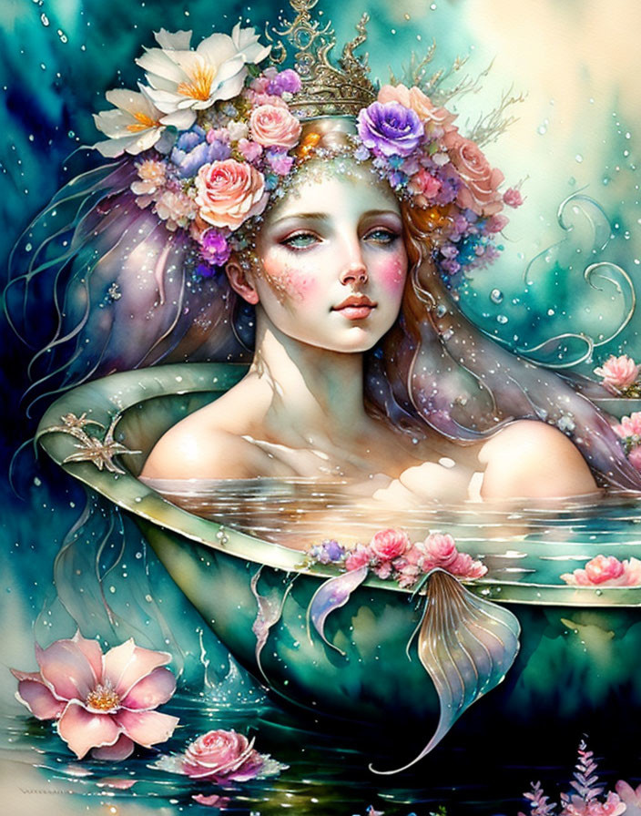 Illustration of a woman with floral adornments in ethereal water scene