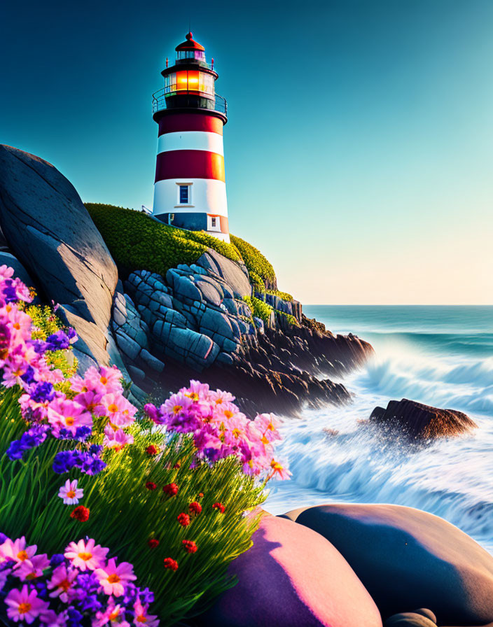 Lighthouse on Cliff with Flowers, Ocean View & Blue Sky