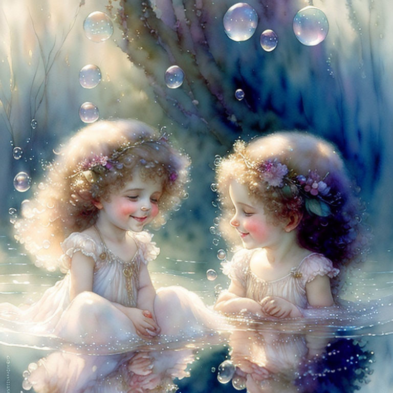 Enchanted young girls in floral dresses with iridescent bubbles in mystical woodland