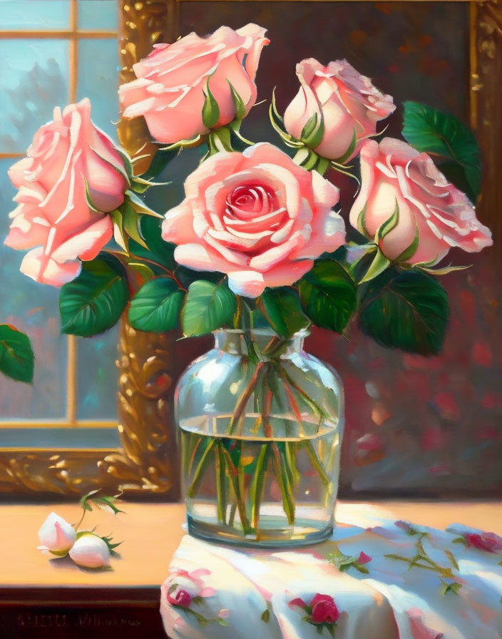 Pink Roses Bouquet in Clear Vase on Table with Petal Cloth and Framed Picture