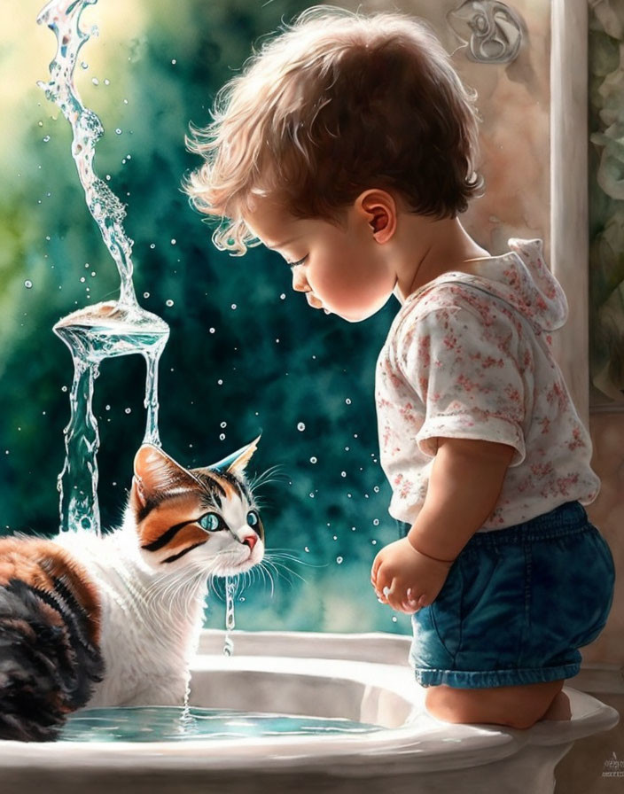 Curious toddler and cat watch water pouring into basin with nature backdrop