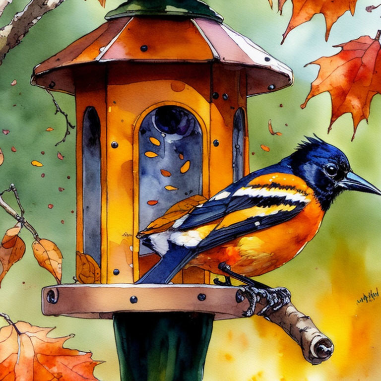 Colorful Bird on Wooden Feeder Amid Autumn Leaves