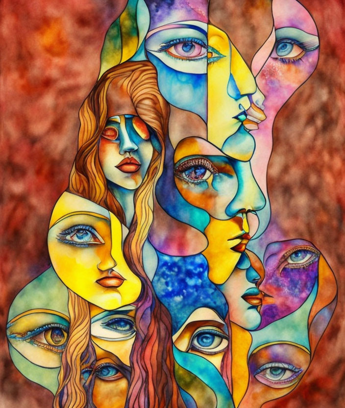 Vibrant abstract painting: Overlapping faces in blue, yellow, and red with swirling patterns