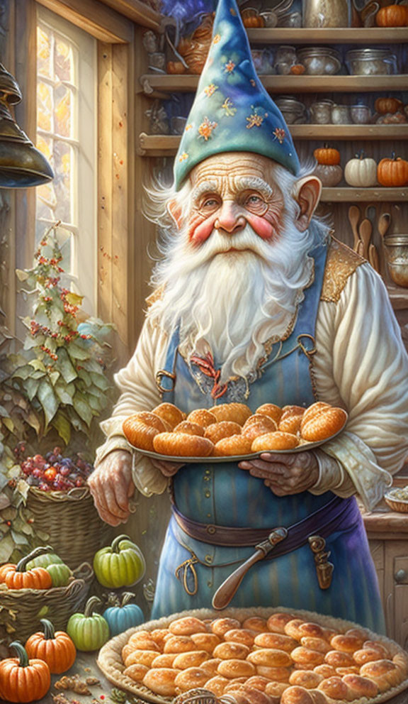 Bearded gnome with baked goods in cozy kitchen