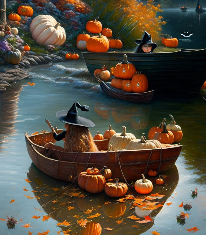 Witches in boats surrounded by pumpkins and autumn leaves