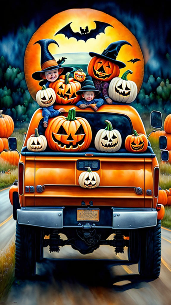 Halloween-themed image: Pickup truck with pumpkins, people in costumes, full moon with bats