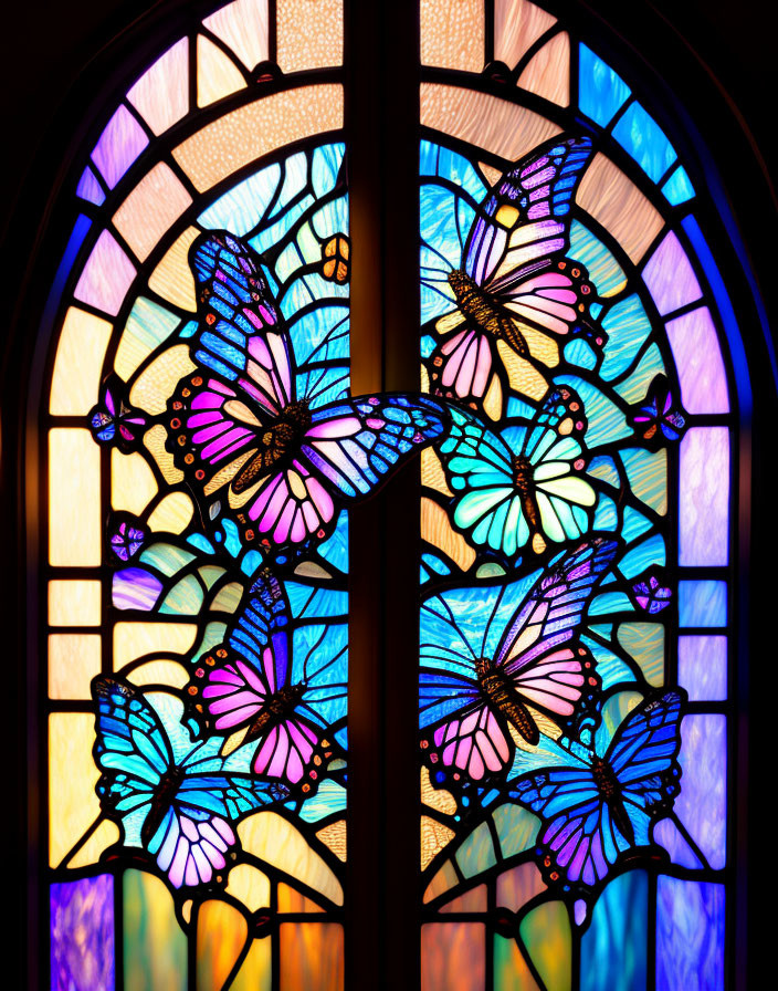 Colorful Butterfly Stained Glass Window with Mosaic Background