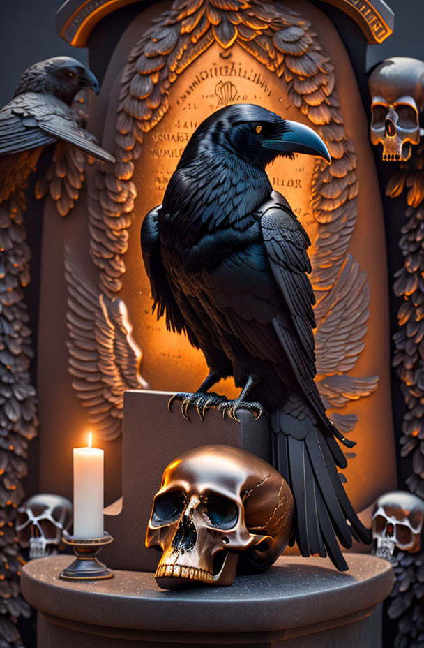 Raven on Skull with Wings, Candle, and Cryptic Text Background