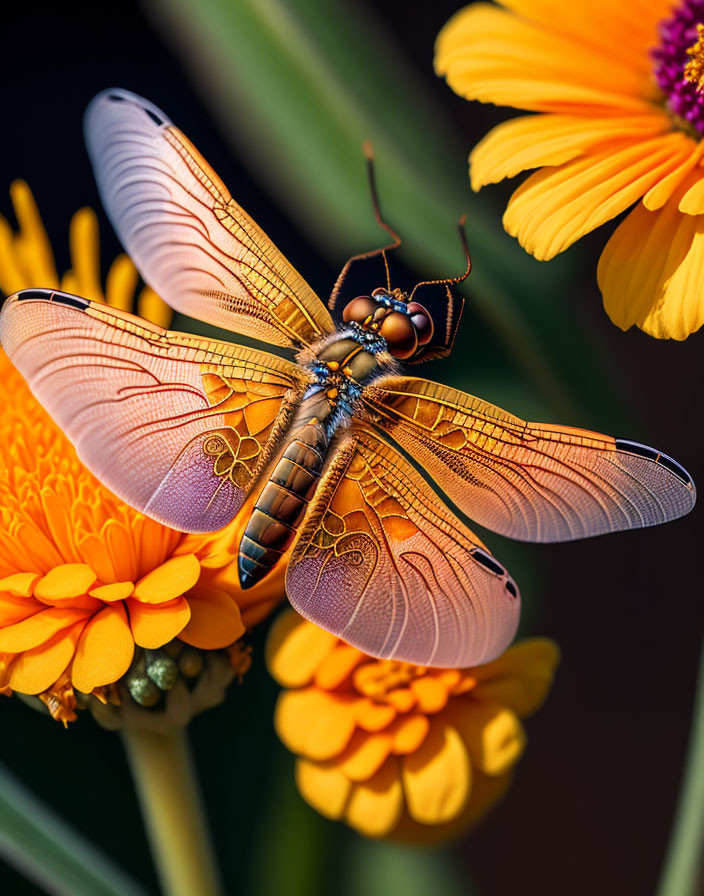 Translucent-winged dragonfly on orange-yellow flowers with dark backdrop