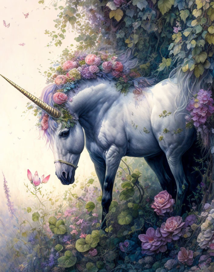 White unicorn with golden horn and flower crown in enchanted forest