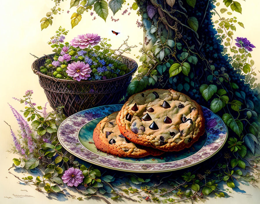 Chocolate chip cookies on floral plate with wildflowers and butterflies in ivy backdrop