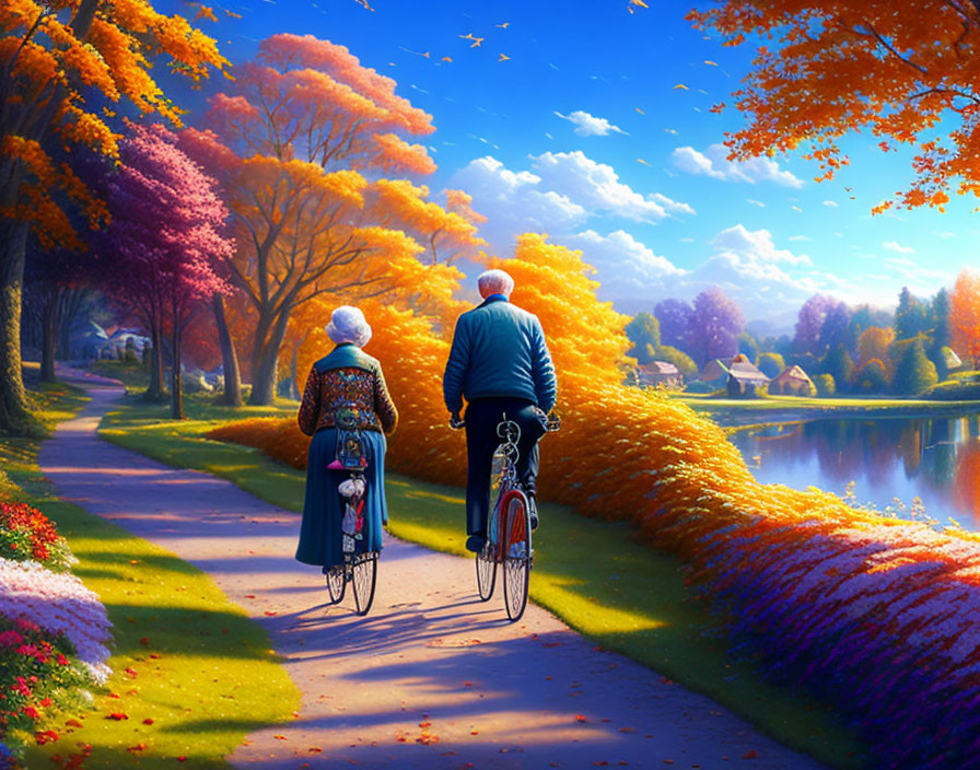 Elderly couple biking by lake in autumn landscape