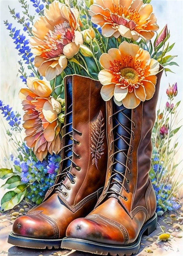 Brown Leather Lace-Up Boots with Floral Motifs Among Orange and Yellow Flowers