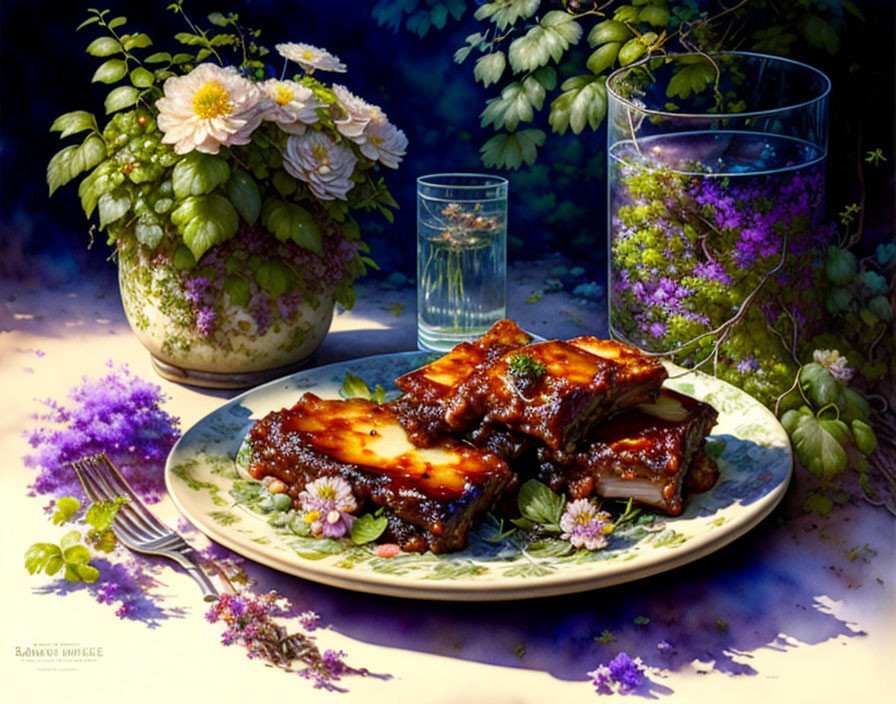 Moody lighting still life with glazed ribs, floral plate, flowers, water, and wine