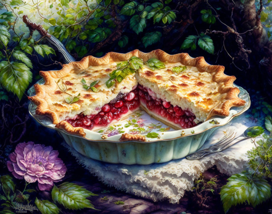 Colorful painting of cherry pie in nature with slice missing