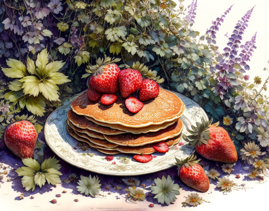 Pancakes with fresh strawberries on ornate plate amid flowers