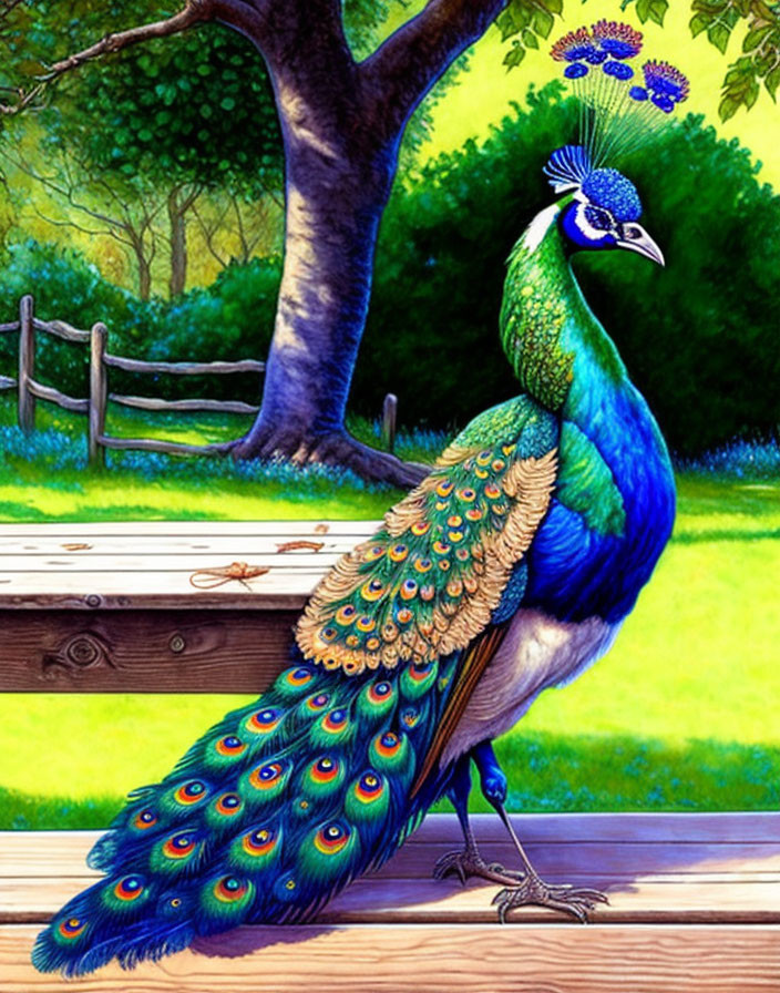 Colorful peacock perched on wooden bench in lush garden