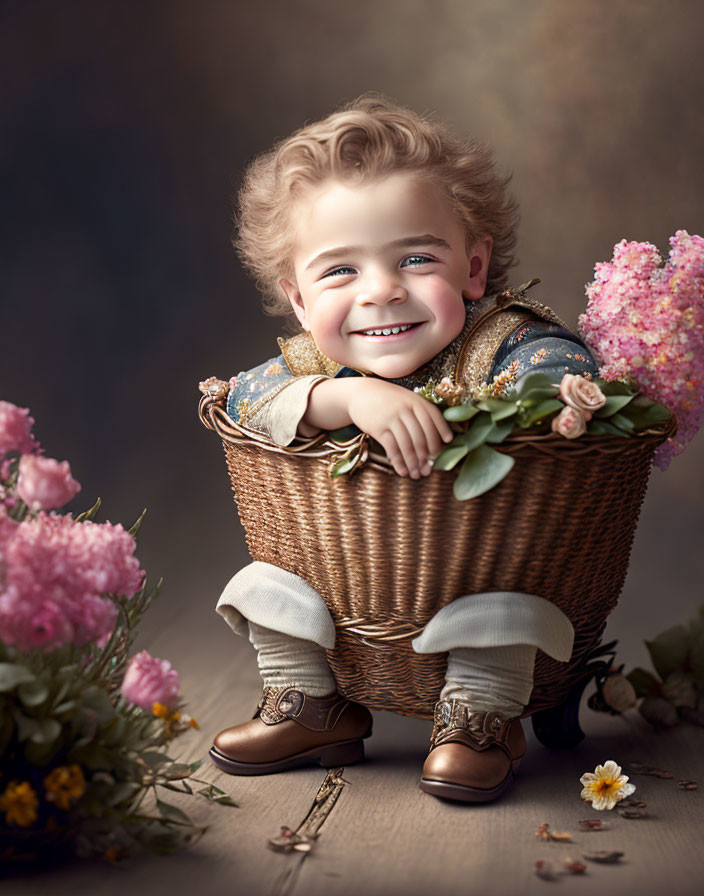 Curly-Haired Child Smiling in Wicker Basket with Pink Flowers