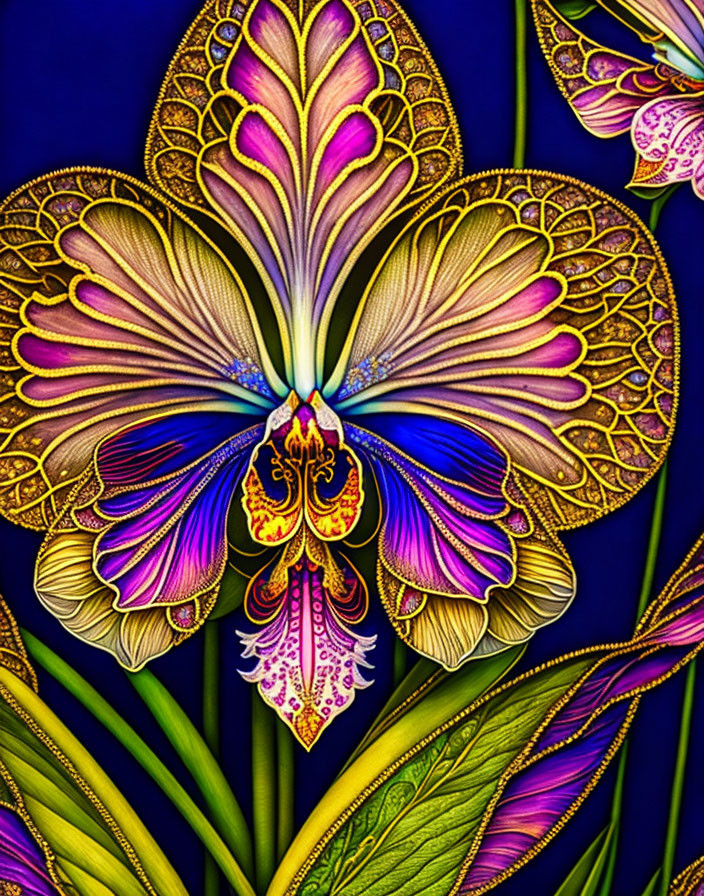 Colorful Stylized Iris Flower Art with Golden Details