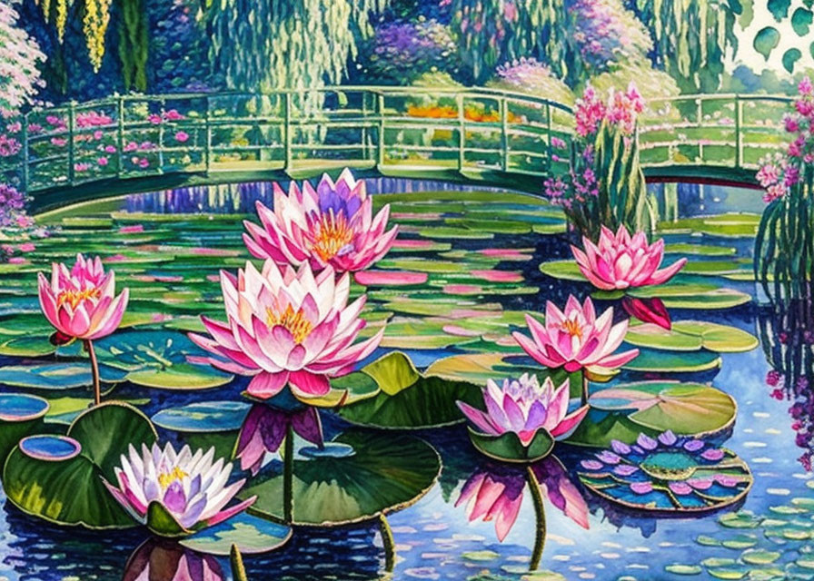 Pink Waterlilies Painting with Wooden Bridge and Greenery