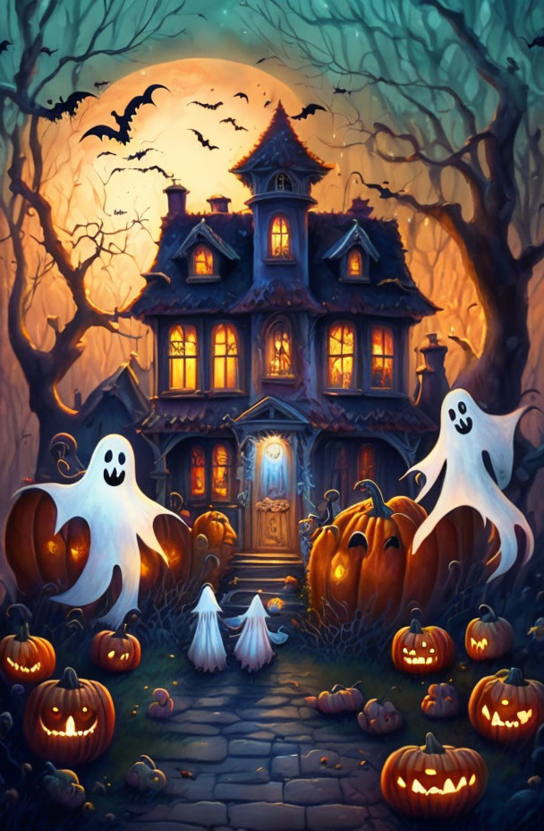 Spooky haunted house with ghosts, pumpkins, and bats at twilight