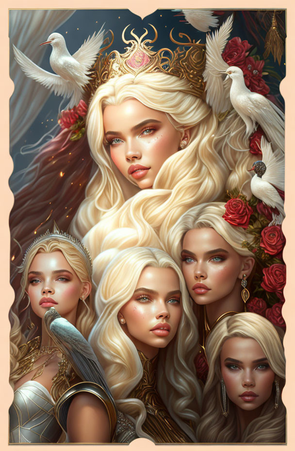 Five Women Portraits with Ethereal Features, Gold Crowns, Doves, and Roses