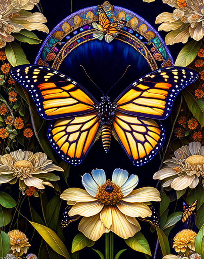 Colorful Monarch Butterfly on Daisies with Elaborate Wing Patterns