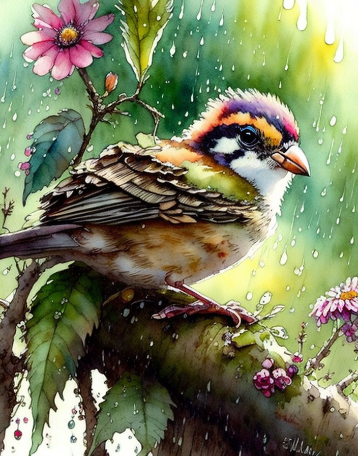 Colorful Bird with Striped Wings Perched on Branch in Raindrops