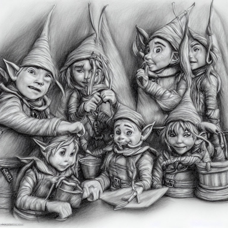 Whimsical pencil sketch of seven elves in pointed hats discussing with tools