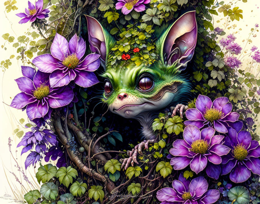 Fantasy creature with large green eyes and bat-like ears in purple flowers and green foliage