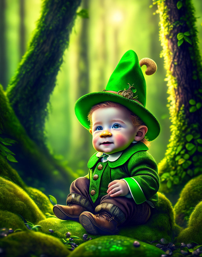 Baby in Green Outfit Sitting in Mystical Forest Clearing