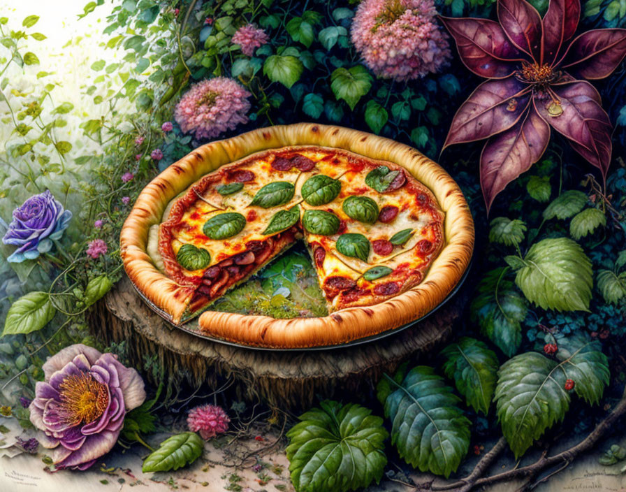 Basil-topped pizza on tree stump in garden with flowers