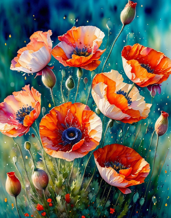 Colorful painting of red and orange poppies with green buds on misty blue backdrop