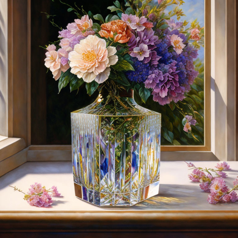 Colorful Flower Bouquet in Glass Vase on Ledge with Scattered Petals