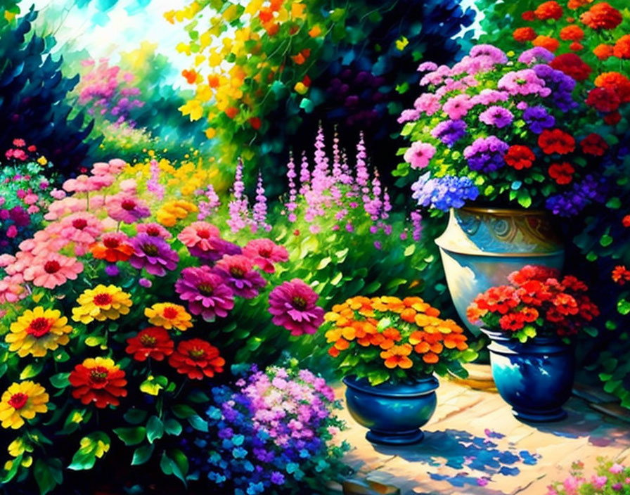 Colorful Flower Garden with Red, Purple, Yellow Blooms & Blue Vases